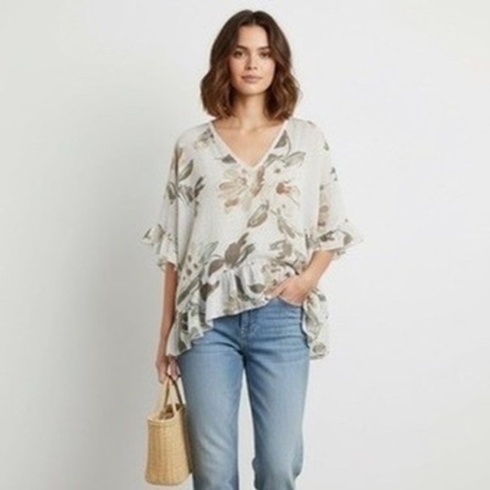 Linen Blend Floral Tunic Top Ruffle Trim V Neck Made in‎ Italy Beach Cover Up